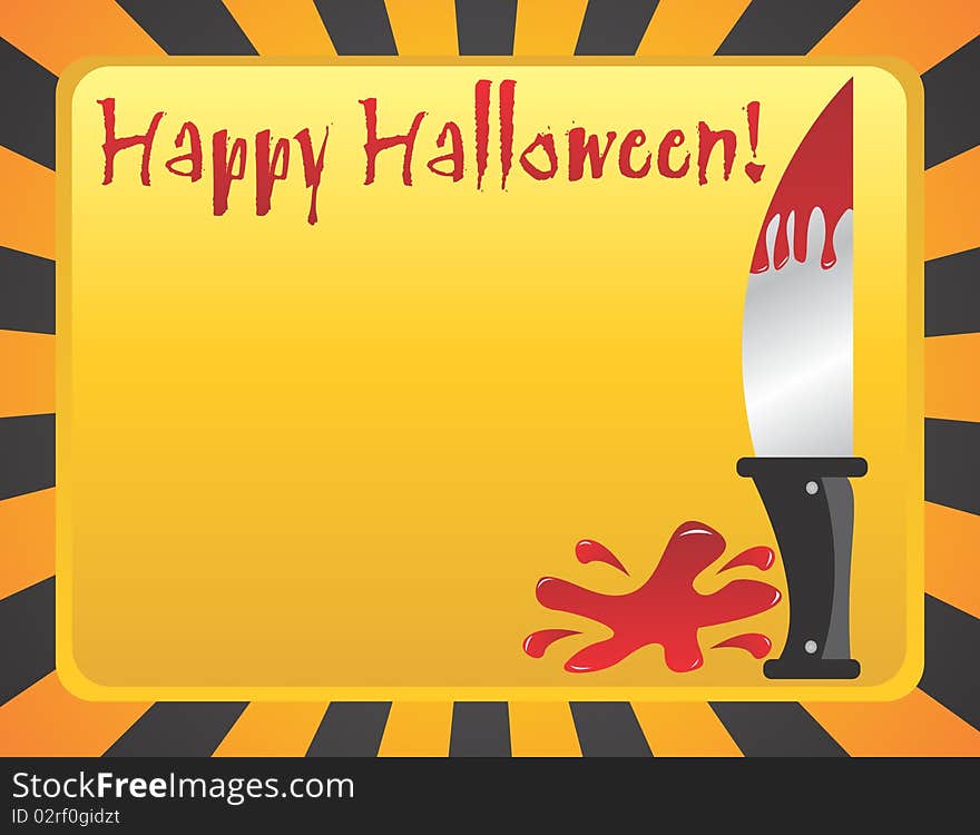 Happy halloween note in a yellow background with a bloody knife