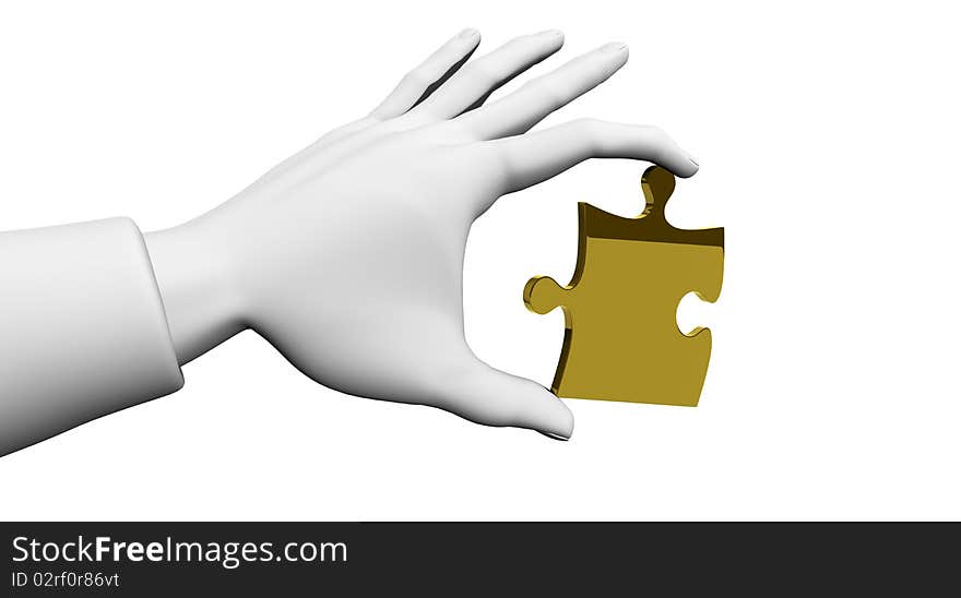 3D human hand holding a golden puzzle. 3D human hand holding a golden puzzle.