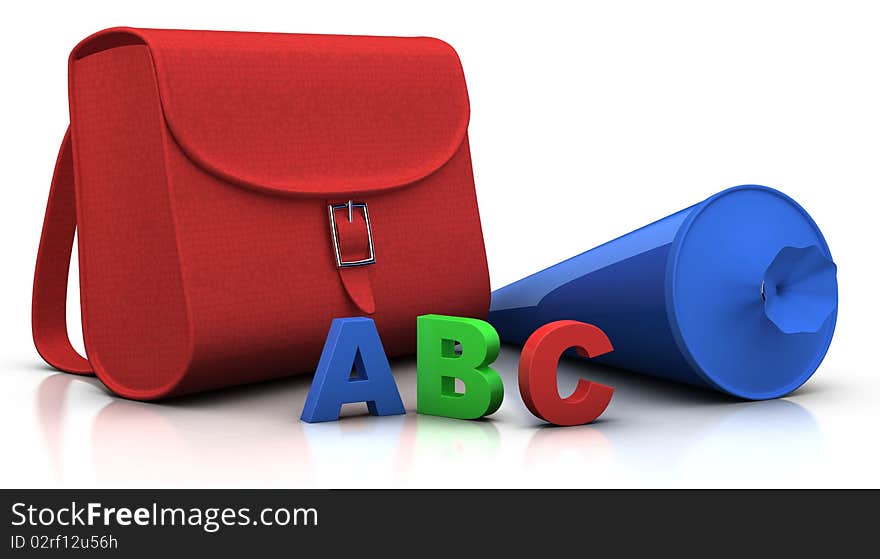 Red satchel and blue conical bag of sweets with ABC letters - 3d rendering/illustration. Red satchel and blue conical bag of sweets with ABC letters - 3d rendering/illustration