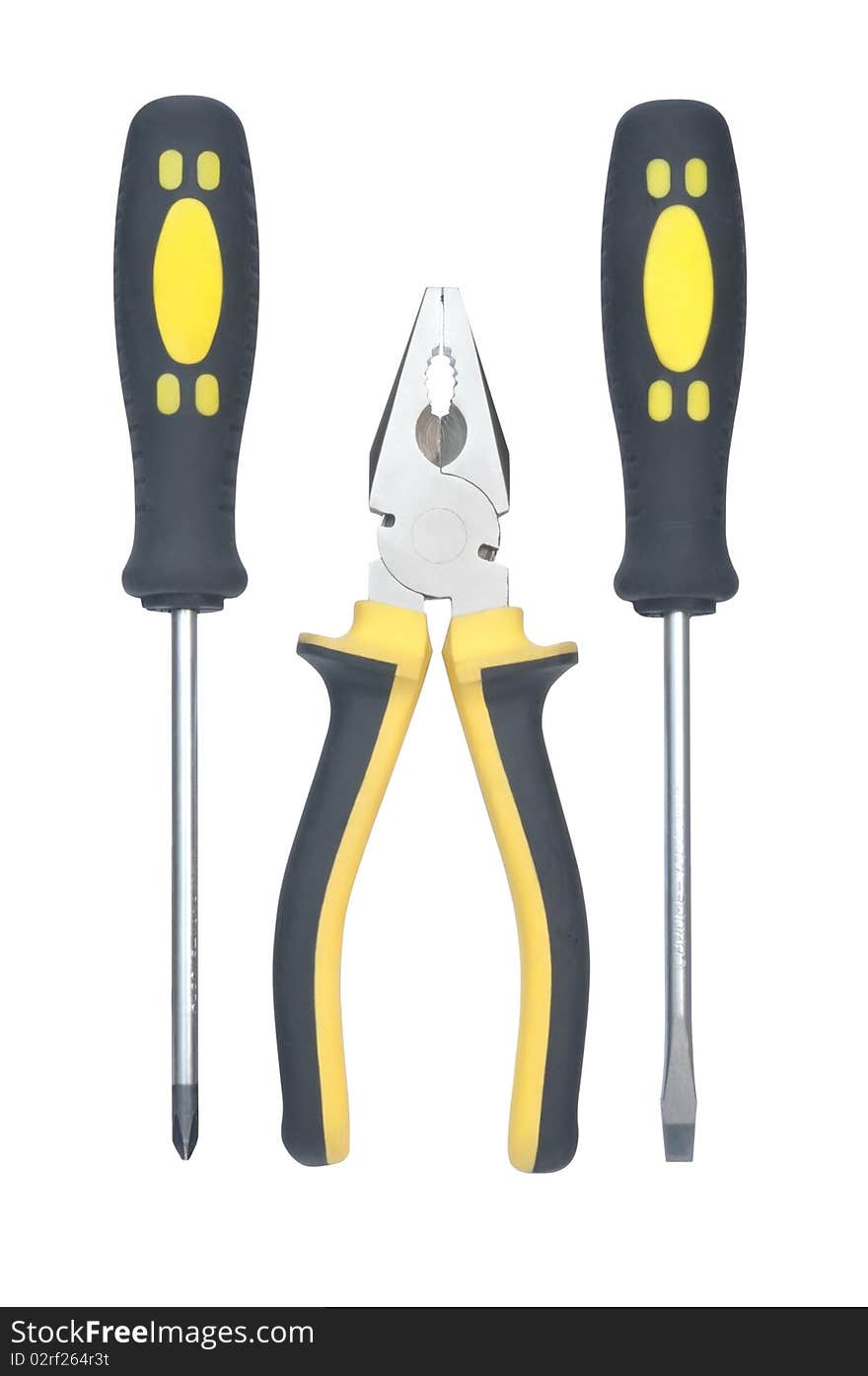 Pliers and two screwdrivers against white background. Pliers and two screwdrivers against white background