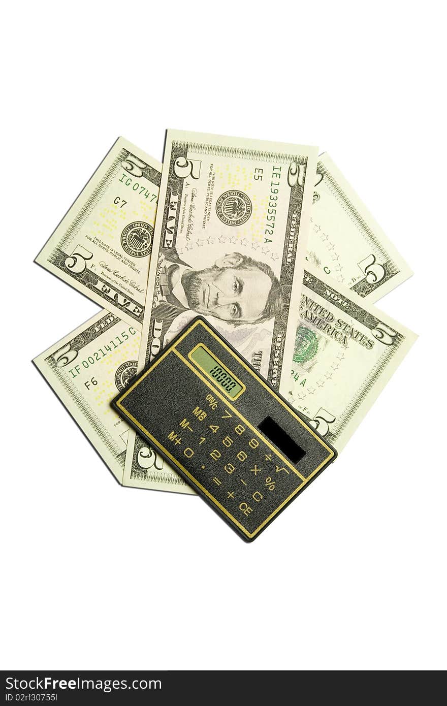 Calculator and dollar bills on white background