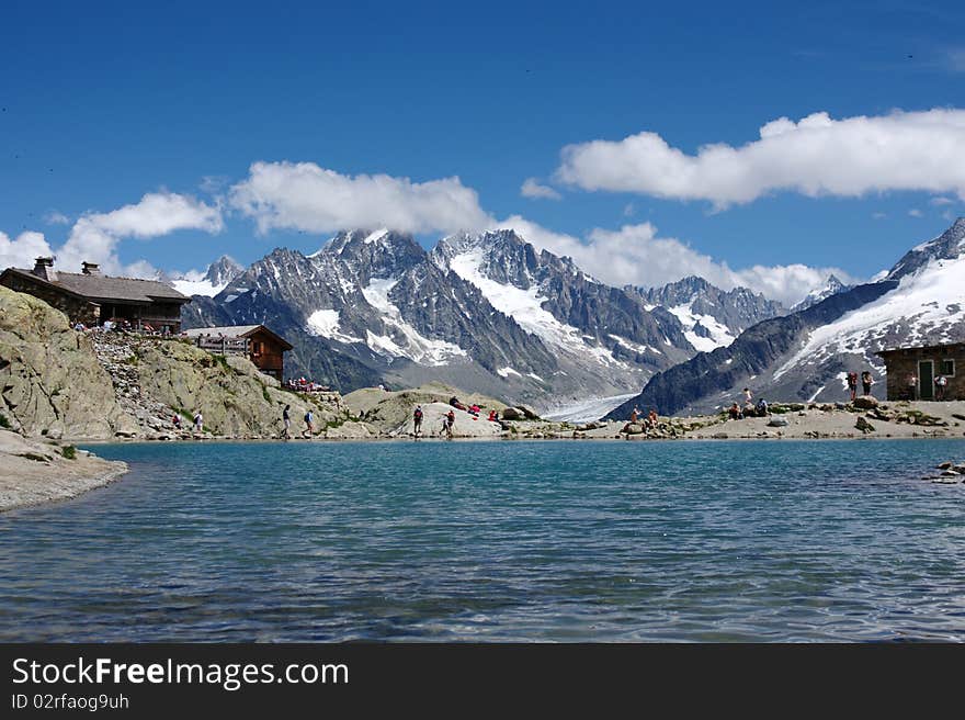 View on lake and  mountain massive with glaciers in  Chamonix, France, Europe. View on lake and  mountain massive with glaciers in  Chamonix, France, Europe