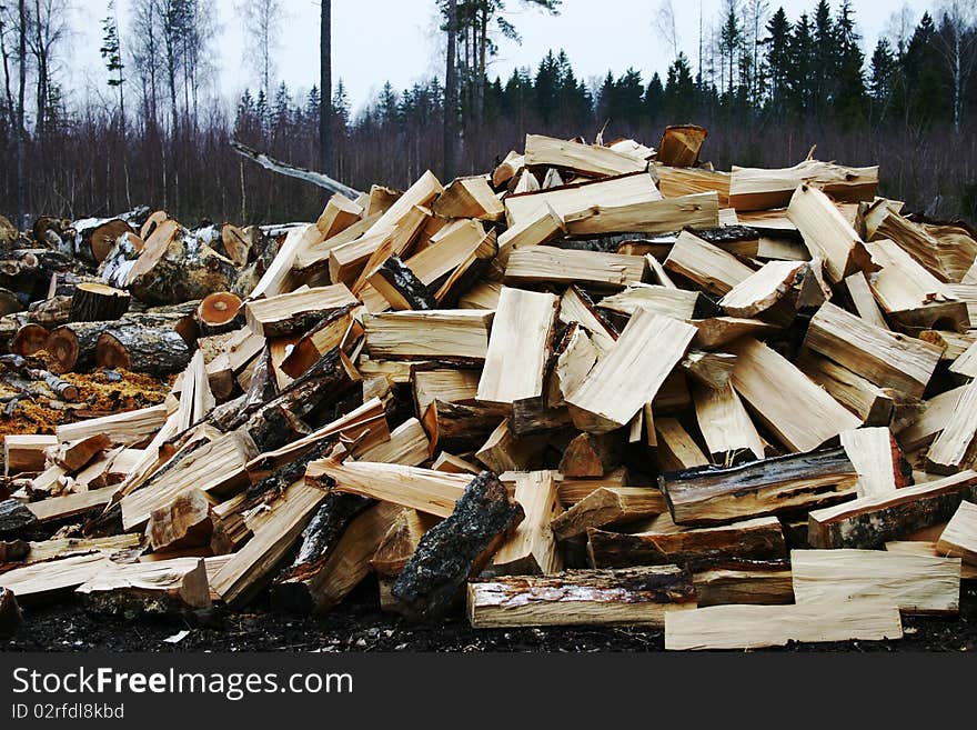 Trees cut and split ready for burning. Trees cut and split ready for burning