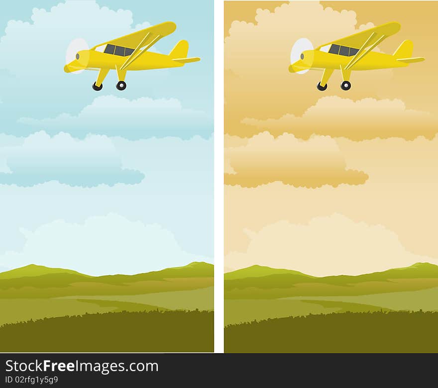 A pair of illustrations of an airplane flying over a rural landscape. A pair of illustrations of an airplane flying over a rural landscape.