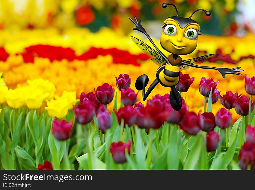 Honey bee flying above the flowers