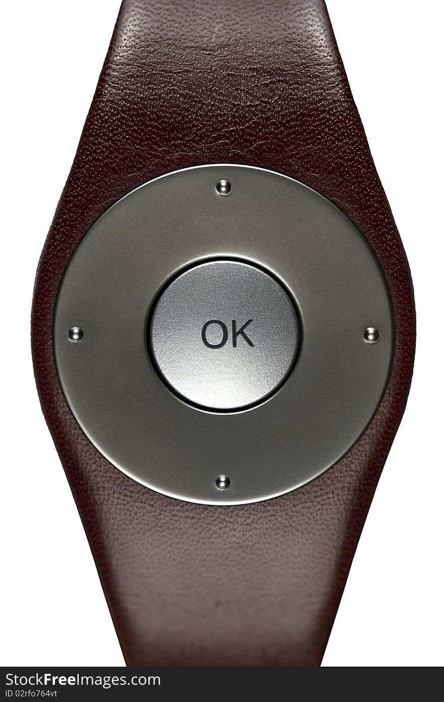 Ok-button instead of wristwatch face. The silver button on a leather wristlet up on white background. Ok-button instead of wristwatch face. The silver button on a leather wristlet up on white background.