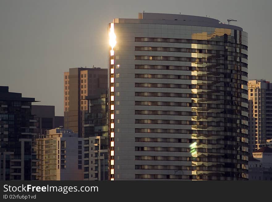 Reflective San Diego skyscraper at sunset