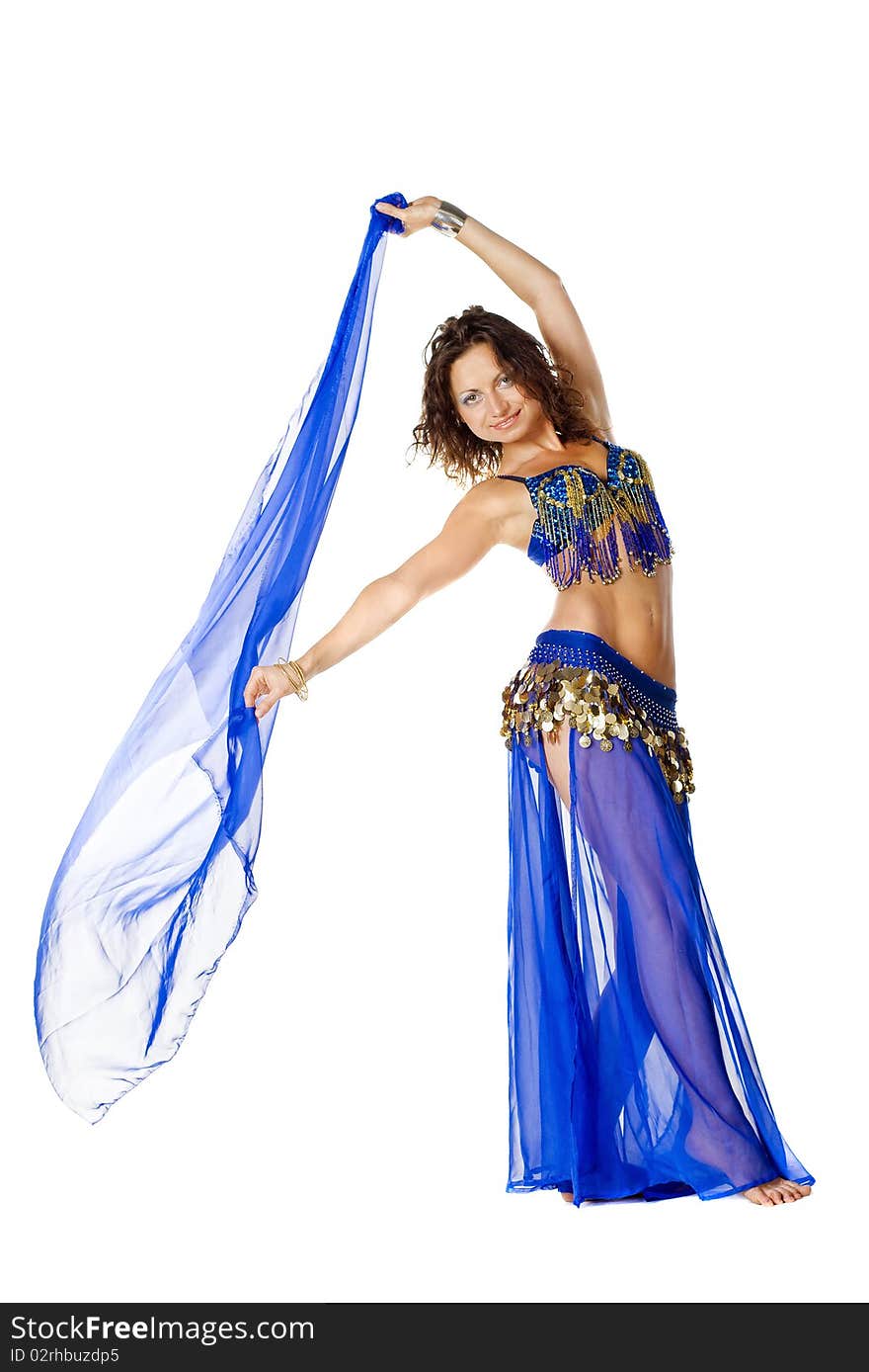 Portrait of a beautiful belly dancer with blue shawl