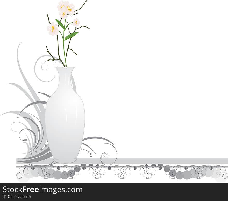 White vase with bouquet of flowers and decorative ornament. Illustration. White vase with bouquet of flowers and decorative ornament. Illustration