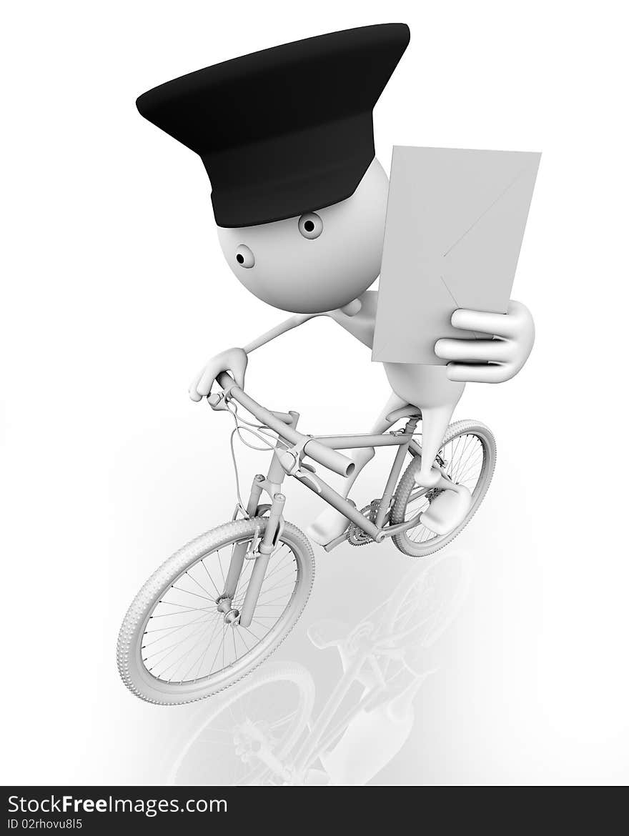 A postman on a bike with a letter. 3D rendering with clipping path and shadow over white