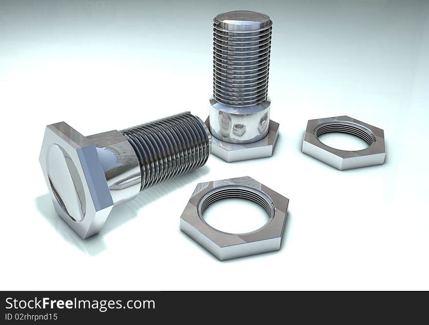 3D bolts and nuts on a white background. Three-dimensional granting