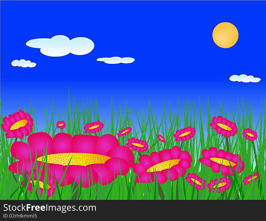 Colorful flowers and grass over blue sky. Colorful flowers and grass over blue sky