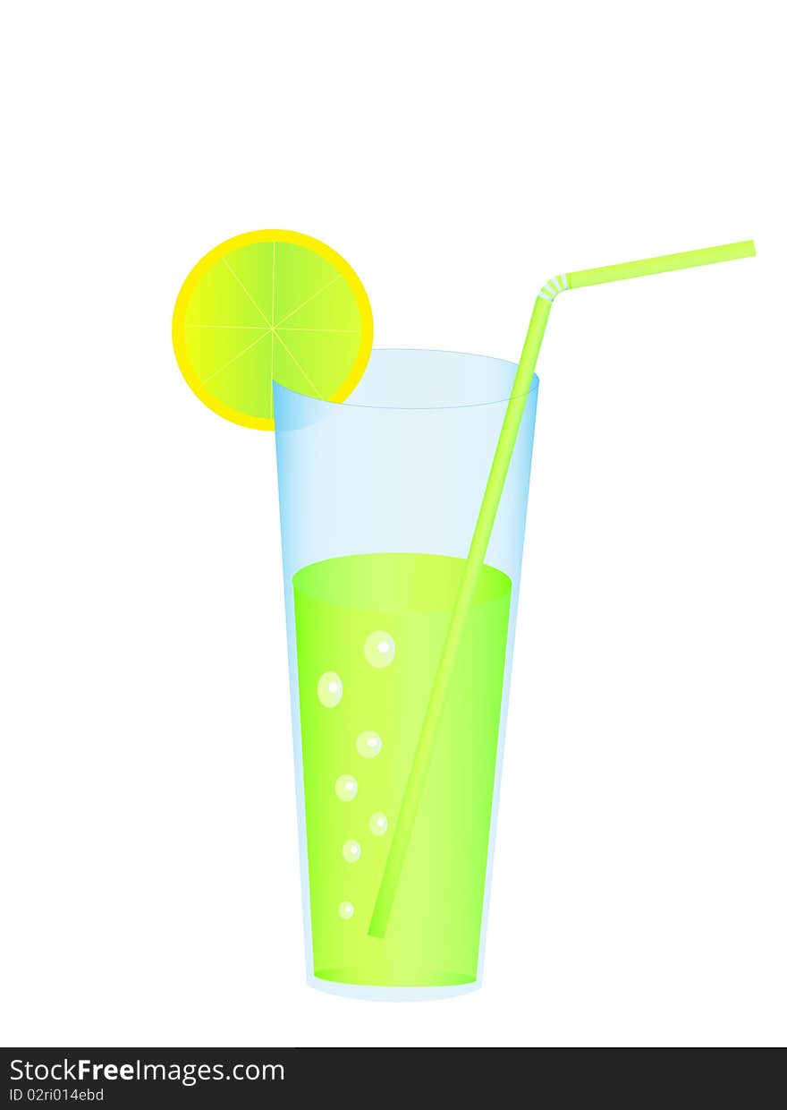 Illustration of the green cocktail with straw and lemon isolated over white