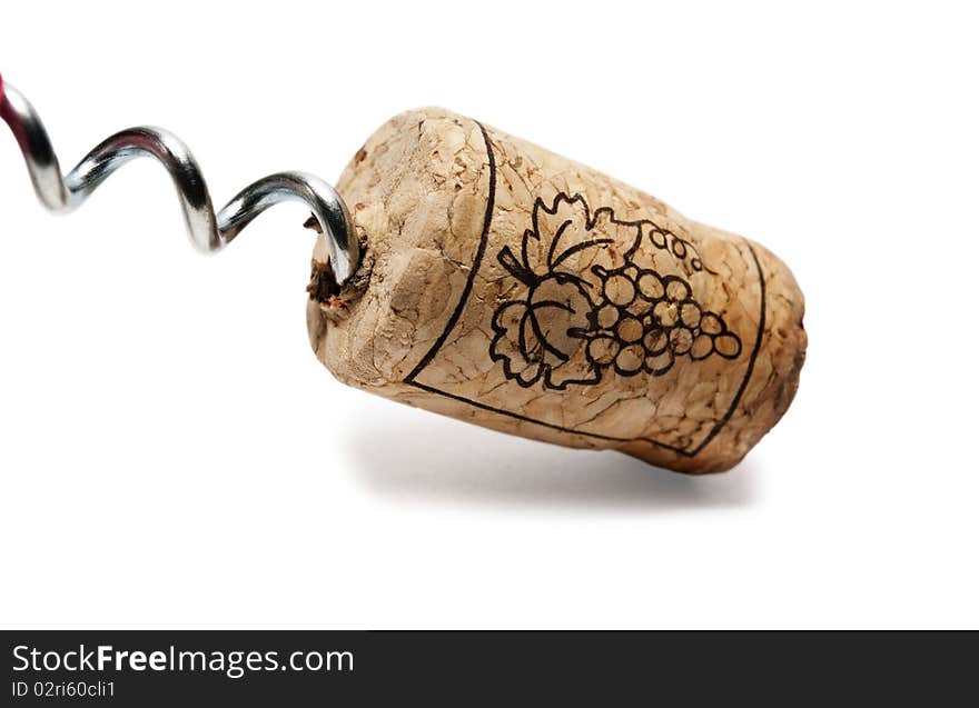 Cork and corkscrew together on a white background.