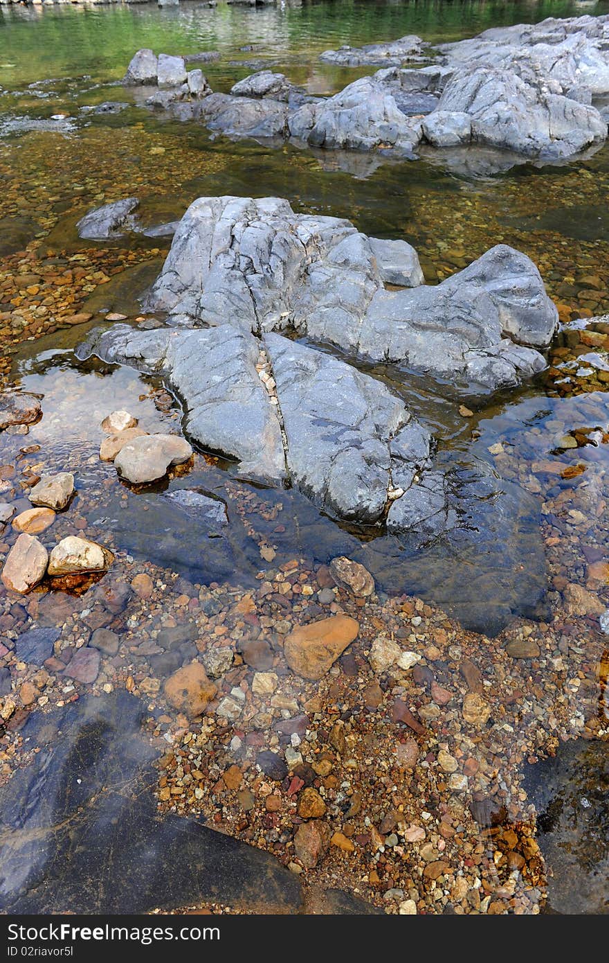 Pristine rocky river viewed from shore