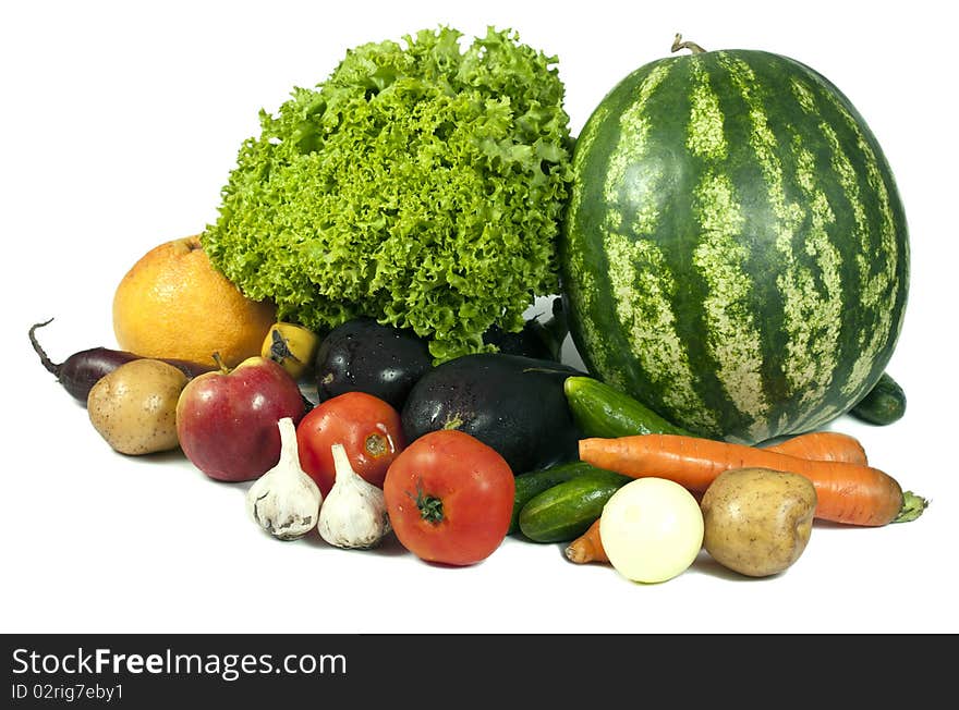 Fruits and vegetables isolated on the white background