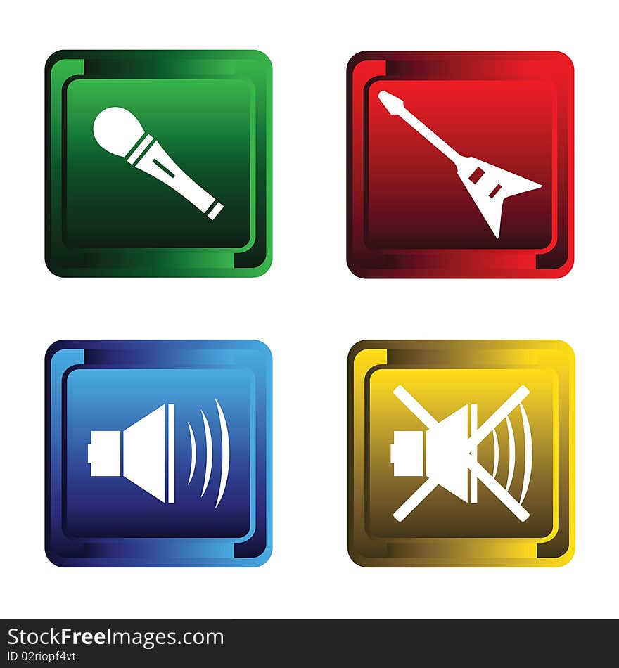 Buttons with a microphone, a guitar and a sound sign. Buttons with a microphone, a guitar and a sound sign