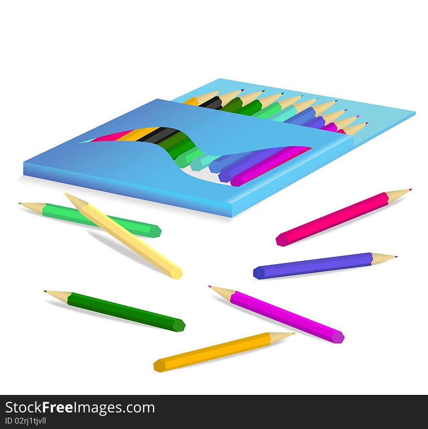 Pensil box with color pensils. Vector illustration.