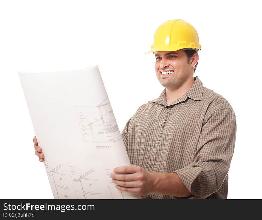 Happy construction worker reviewing blueprints. Happy construction worker reviewing blueprints