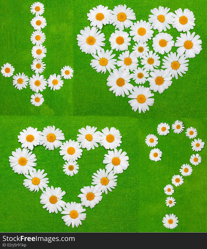 Daisywheels on green background in the manner of arrows and heart