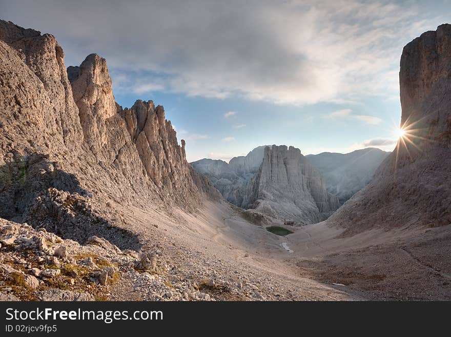 Vailoet towers stand at the bottom of Gartl valley, Dolomites, Italy. Vailoet towers stand at the bottom of Gartl valley, Dolomites, Italy