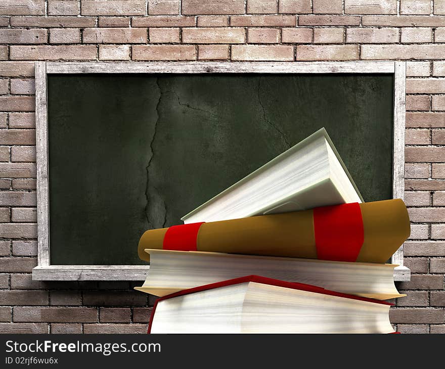 Back to school theme with stack of books against green blackboard. Back to school theme with stack of books against green blackboard