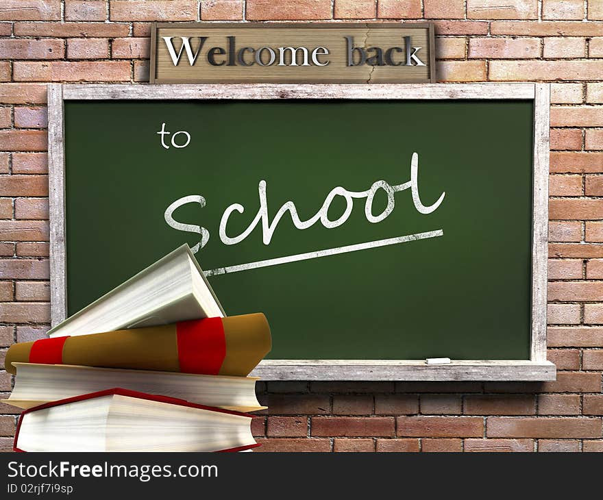 Back to school theme with stack of books against green blackboard. Back to school theme with stack of books against green blackboard