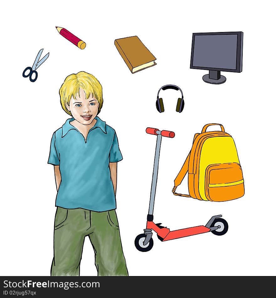 Teenager and his hobbies, colored version. Teenager and his hobbies, colored version