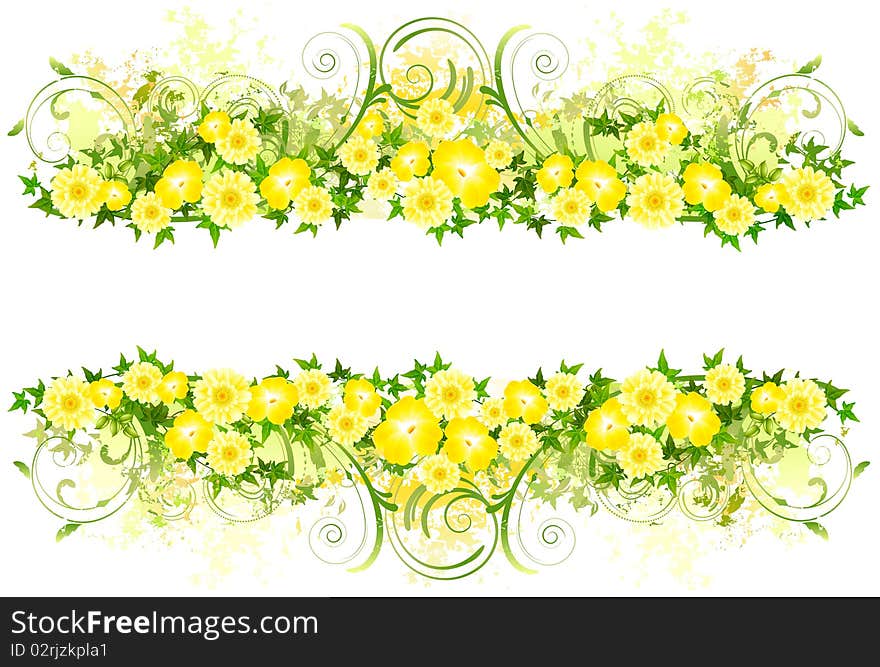 Floral decoration with yellow flowers. Top and bottom element. If you take a closer look, you will find out, that both parts are slightly different from each other. Use both for example to place text in-between or use just one part as a top or bottom. File includes clipping path.