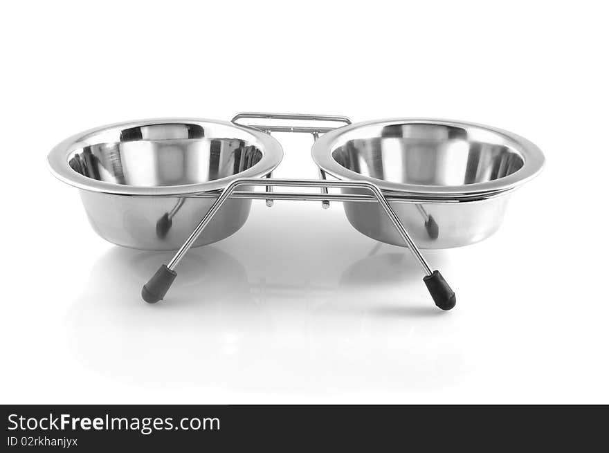 Two bowls with dog food and water, isolated on  white background.