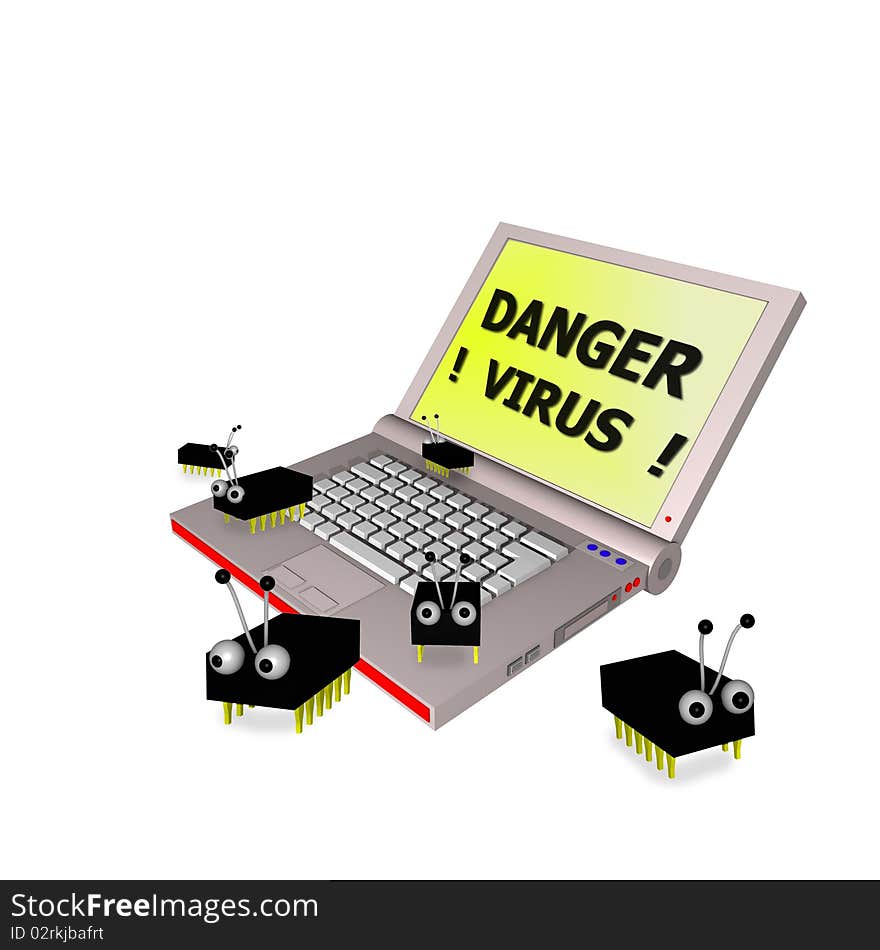 An 3d laptop with a display saying: danger virus with little e-bugs on it. An 3d laptop with a display saying: danger virus with little e-bugs on it