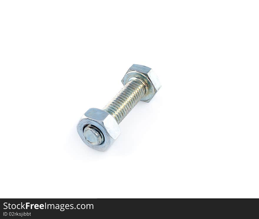 Metal bolt and nut on white background