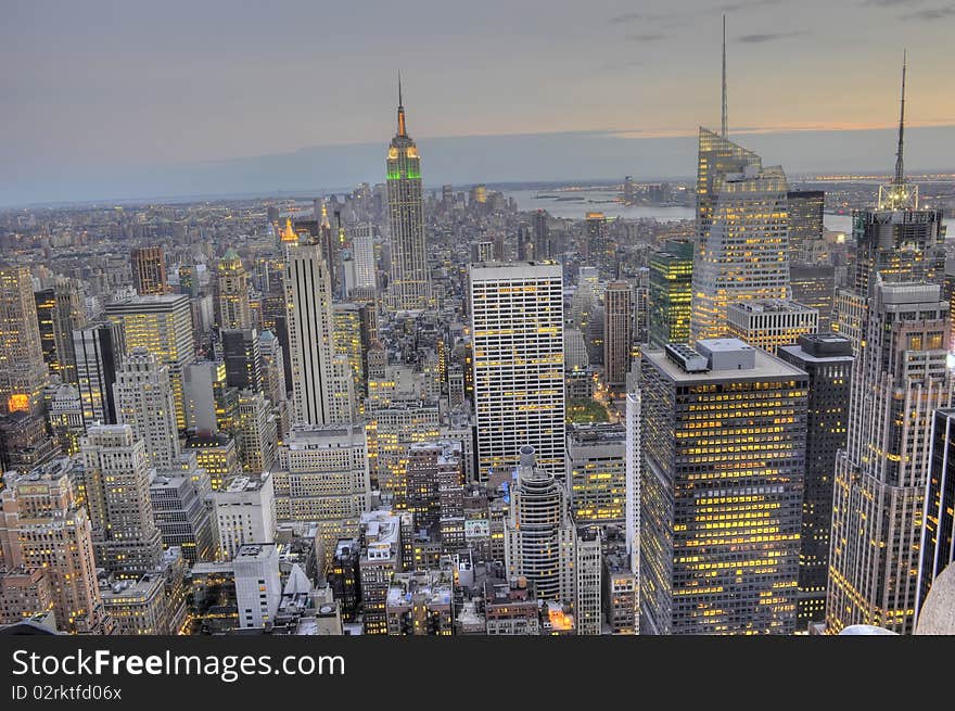 A striking image of the midtown Manhattan skyline photographed after sunset