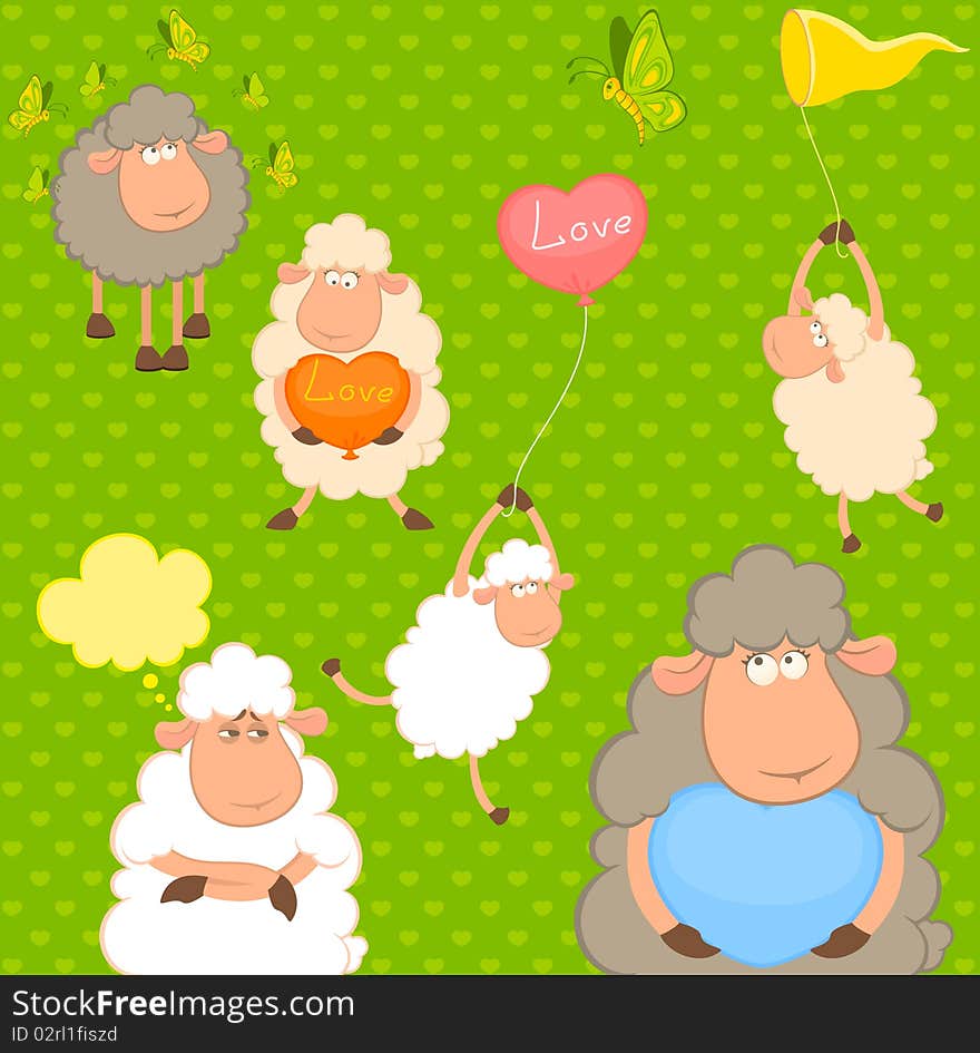 Set of cartoon funny sheep with heart