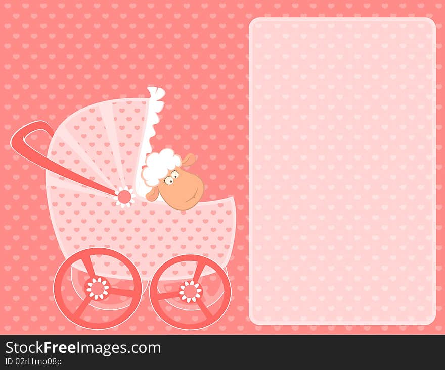 Cartoon smiling sheep with scribble baby carriage
