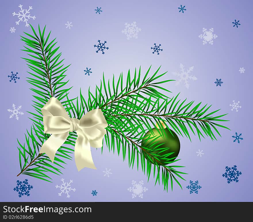 White bow and sphere on green fir. White bow and sphere on green fir