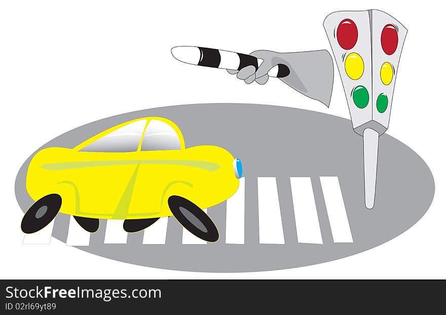 The situation on the pedestrian crossing with car and traffic lights in the form of illustrations. The situation on the pedestrian crossing with car and traffic lights in the form of illustrations