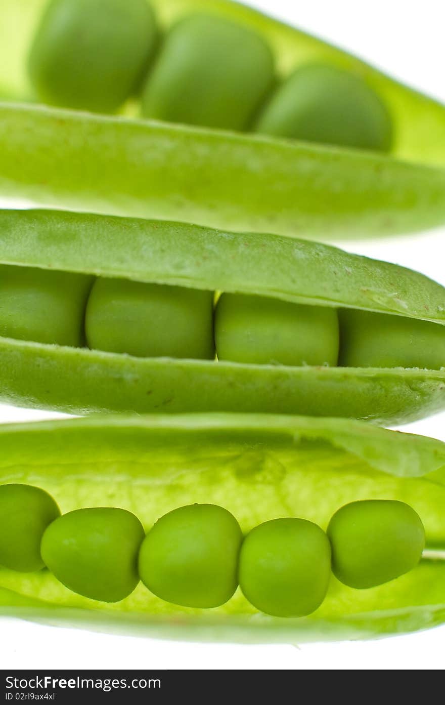 Three green peas detail, vertical detail, shallow depth of view. Three green peas detail, vertical detail, shallow depth of view