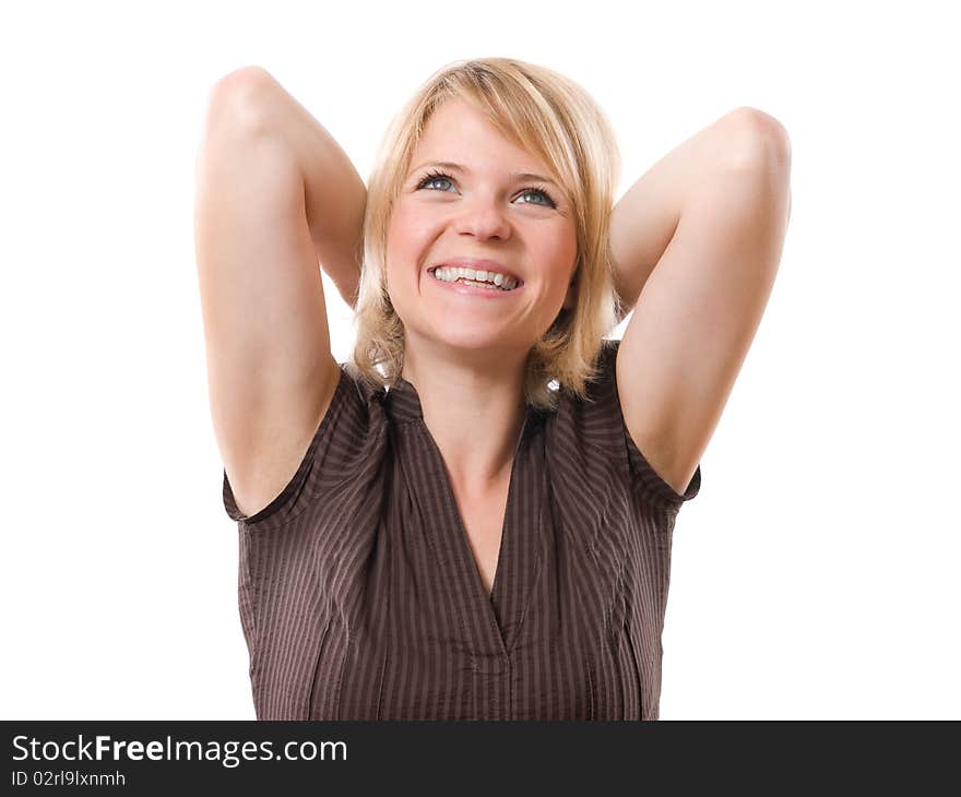 Happy smiling woman with hands behind head isolated on white. Happy smiling woman with hands behind head isolated on white