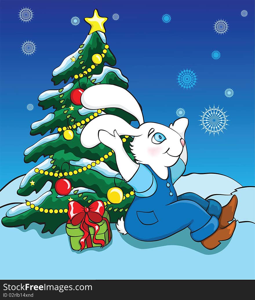 Illustration rabbit and new year tree on winter background