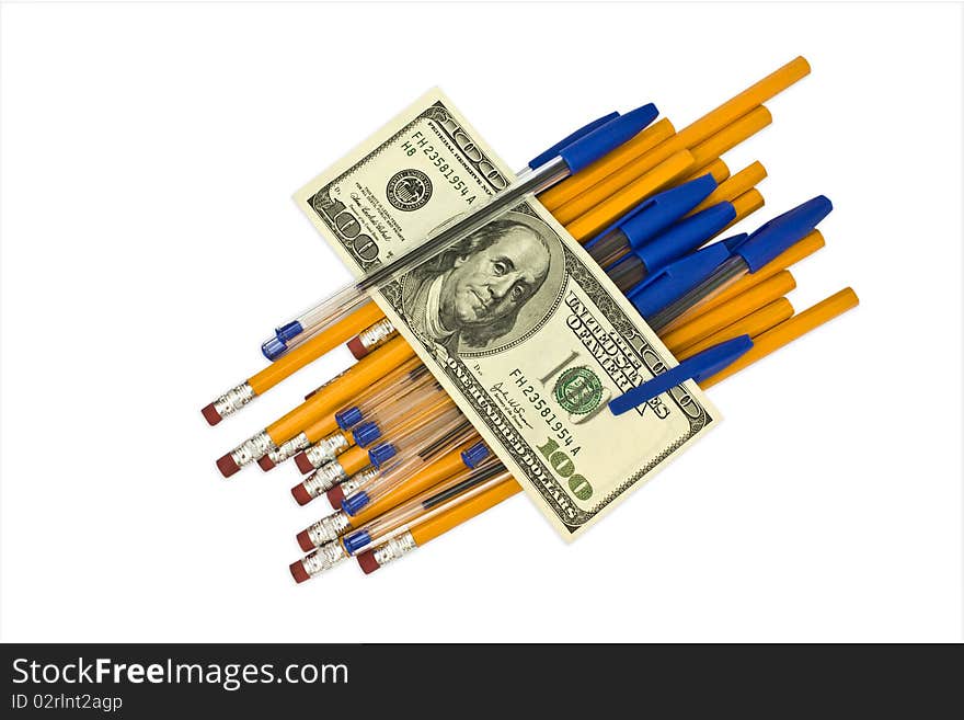 Isolated pens, pencils and money on a white backround