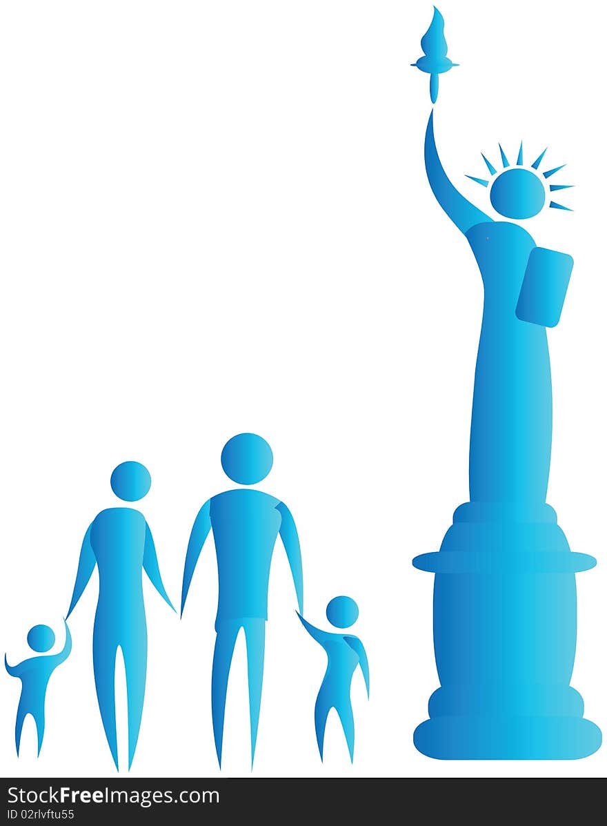 Human family standing in front of statue of liberty. Human family standing in front of statue of liberty