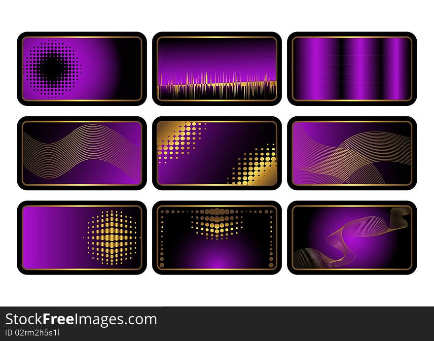 Set of purple credit cards  with golden ornaments.  Vector. Set of purple credit cards  with golden ornaments.  Vector.