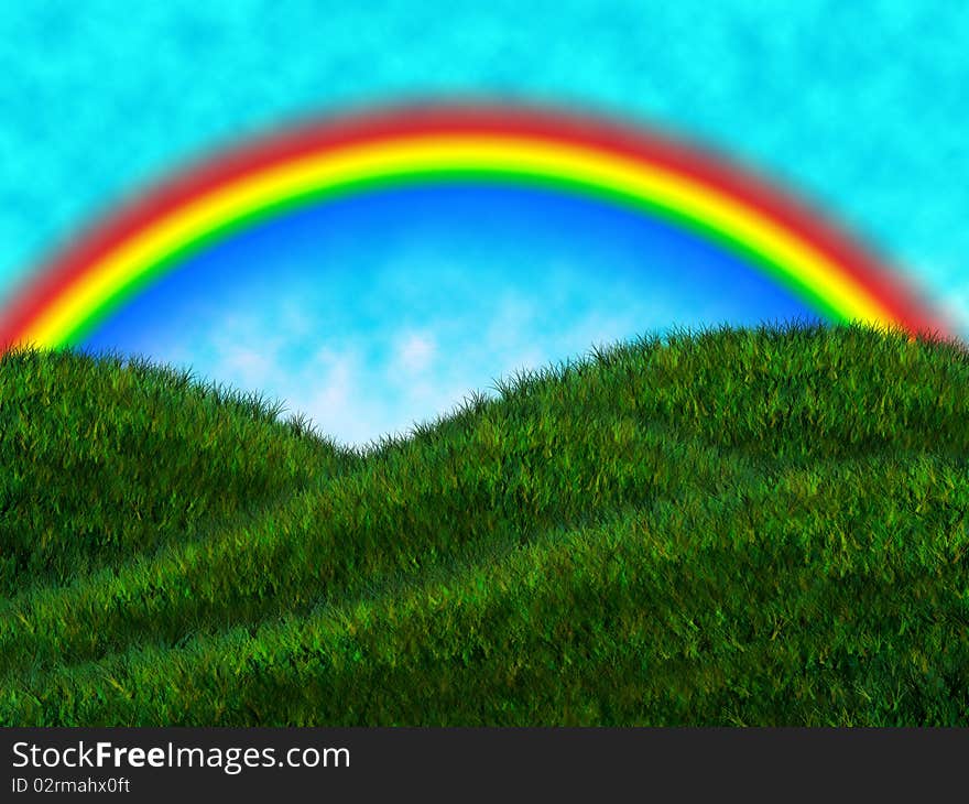 Fresh scene of meadow and rainbow and sky. Fresh scene of meadow and rainbow and sky