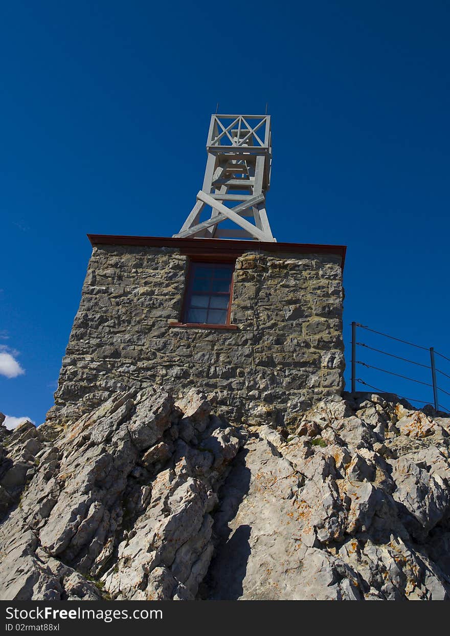 Stone shelter at the summit of Sulphur Mountain, Banff, Alberta, Canada