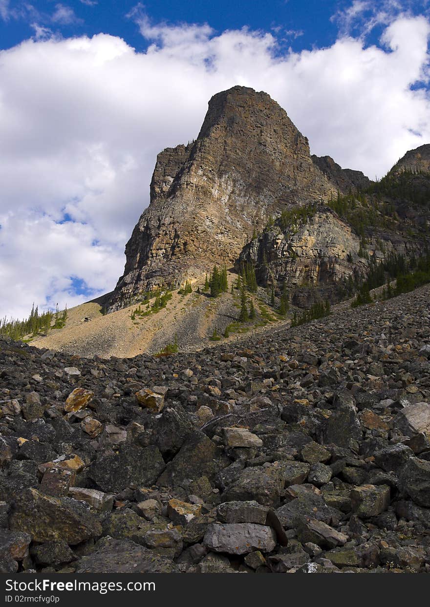 Rockslide scene when hiking at Moraine Lake, Banff National Park, Alberta, Canada