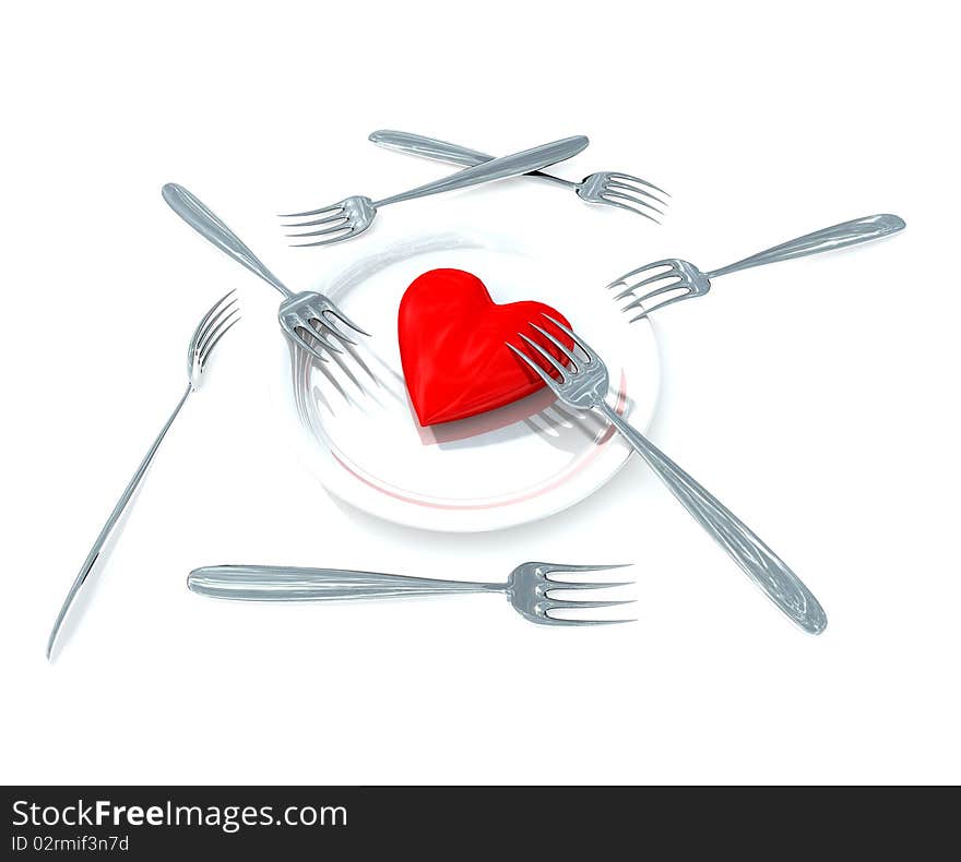 Red heart on plate with metal forks. Red heart on plate with metal forks