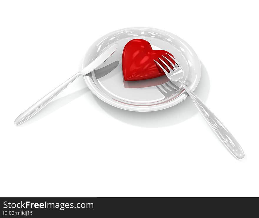 Red heart on plate with fork and knife. Red heart on plate with fork and knife