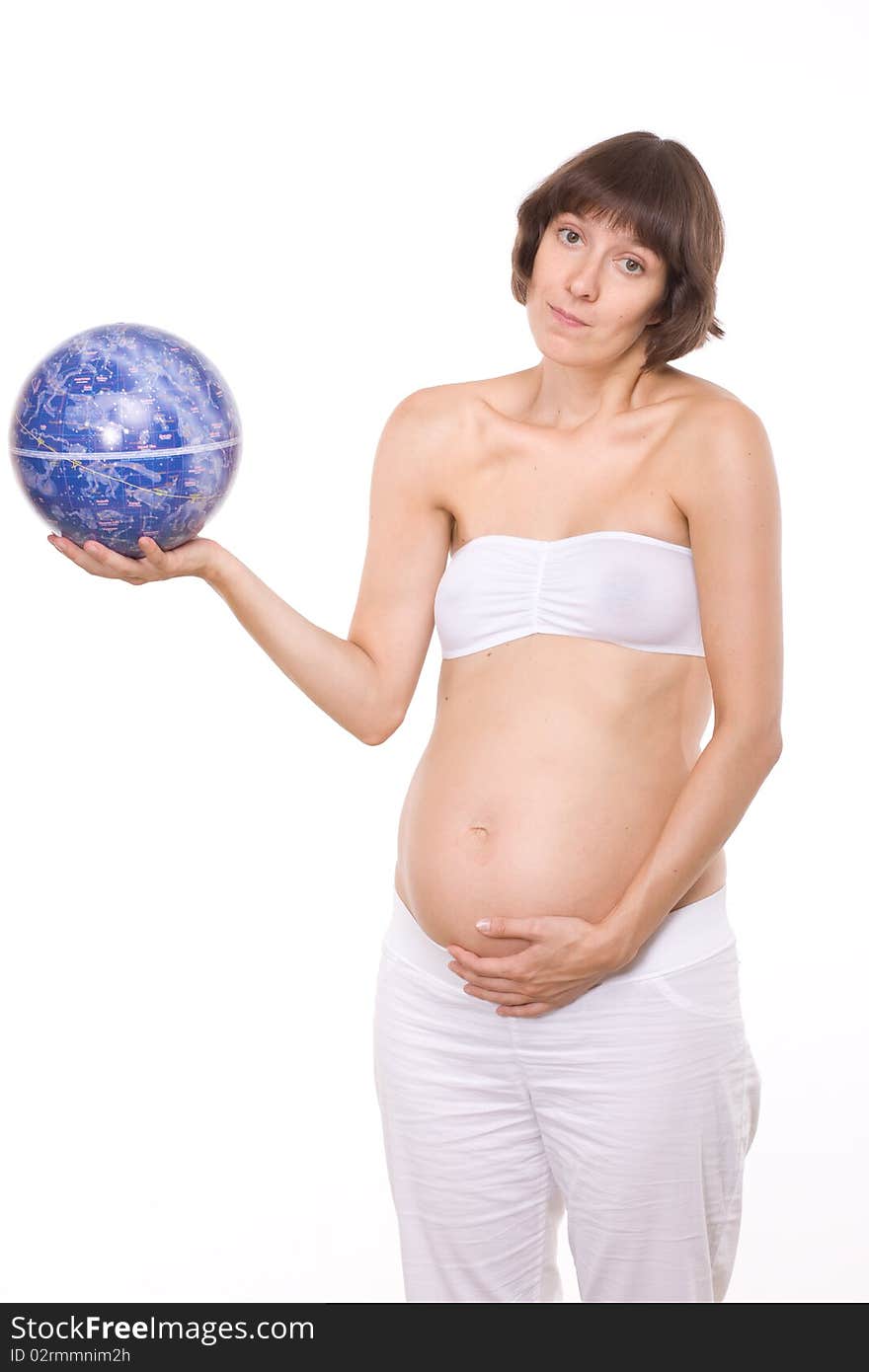 Pregnant woman in studio take look on globe of Space. Pregnant woman in studio take look on globe of Space