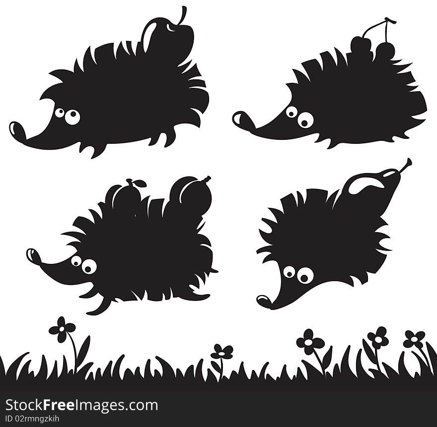 Silhouettes of hedgehogs with fruit on the back and grass seamless. Silhouettes of hedgehogs with fruit on the back and grass seamless